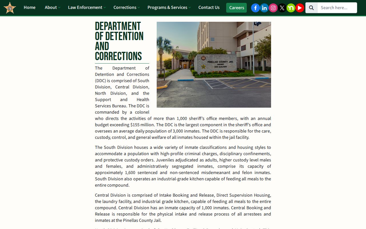 Pinellas County Sheriff's Office corrections page describing Central Booking and Release