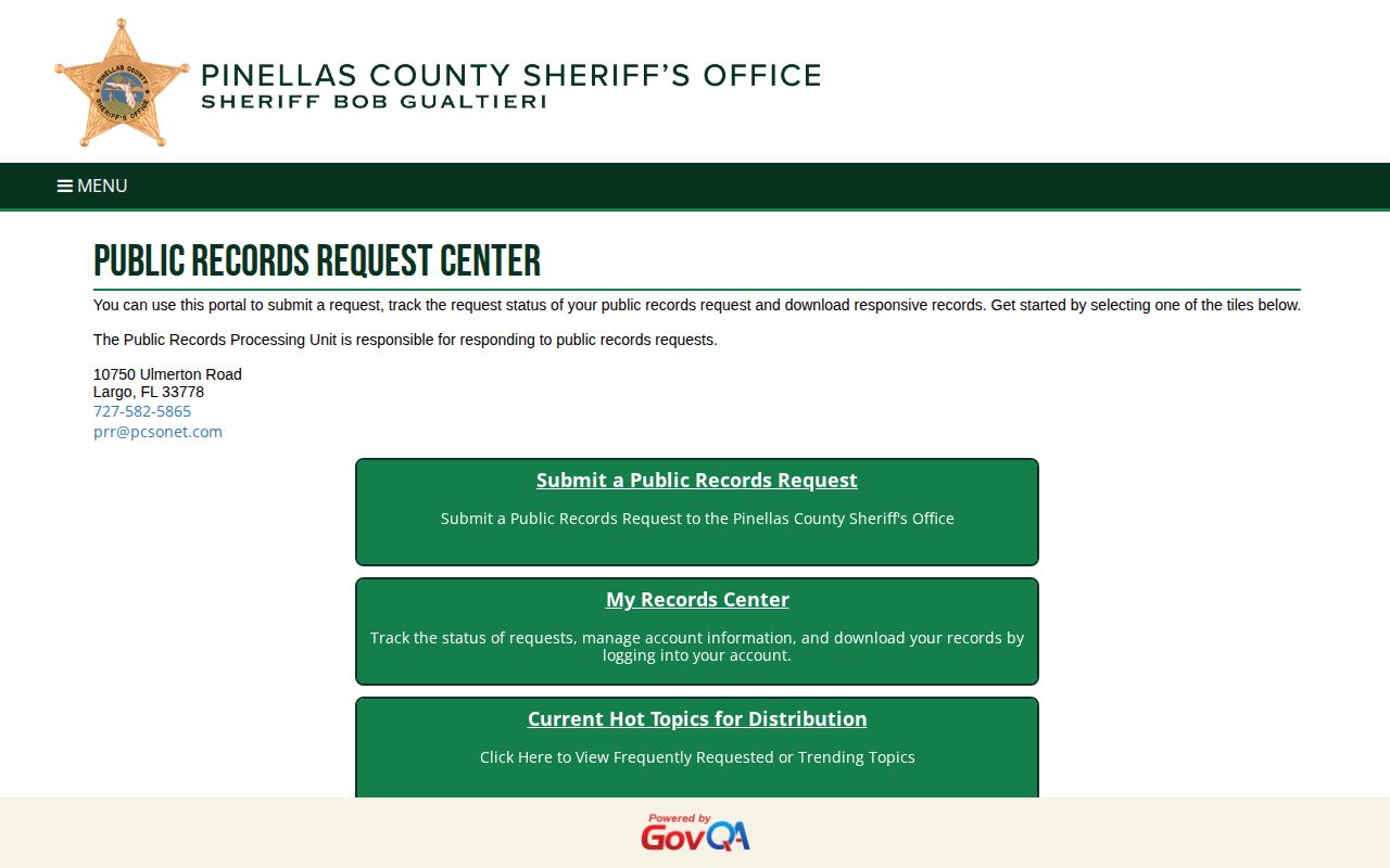 Pinellas County Sheriff's Office public records request categories