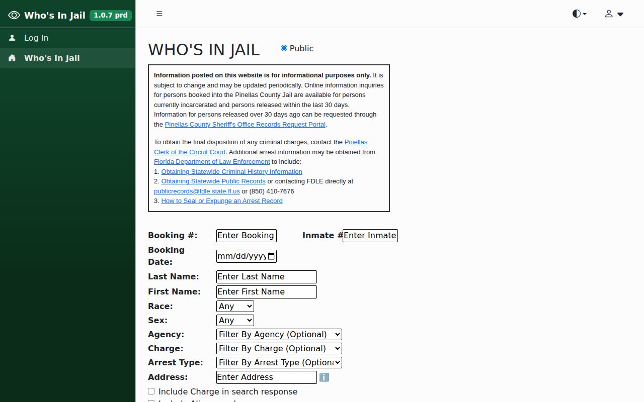 Official Pinellas County Who's in Jail search interface