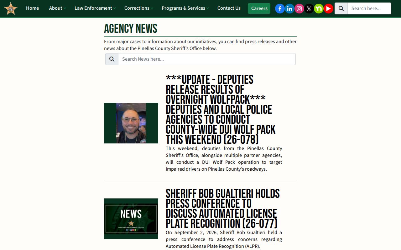 Pinellas County Sheriff's Office selected news releases page