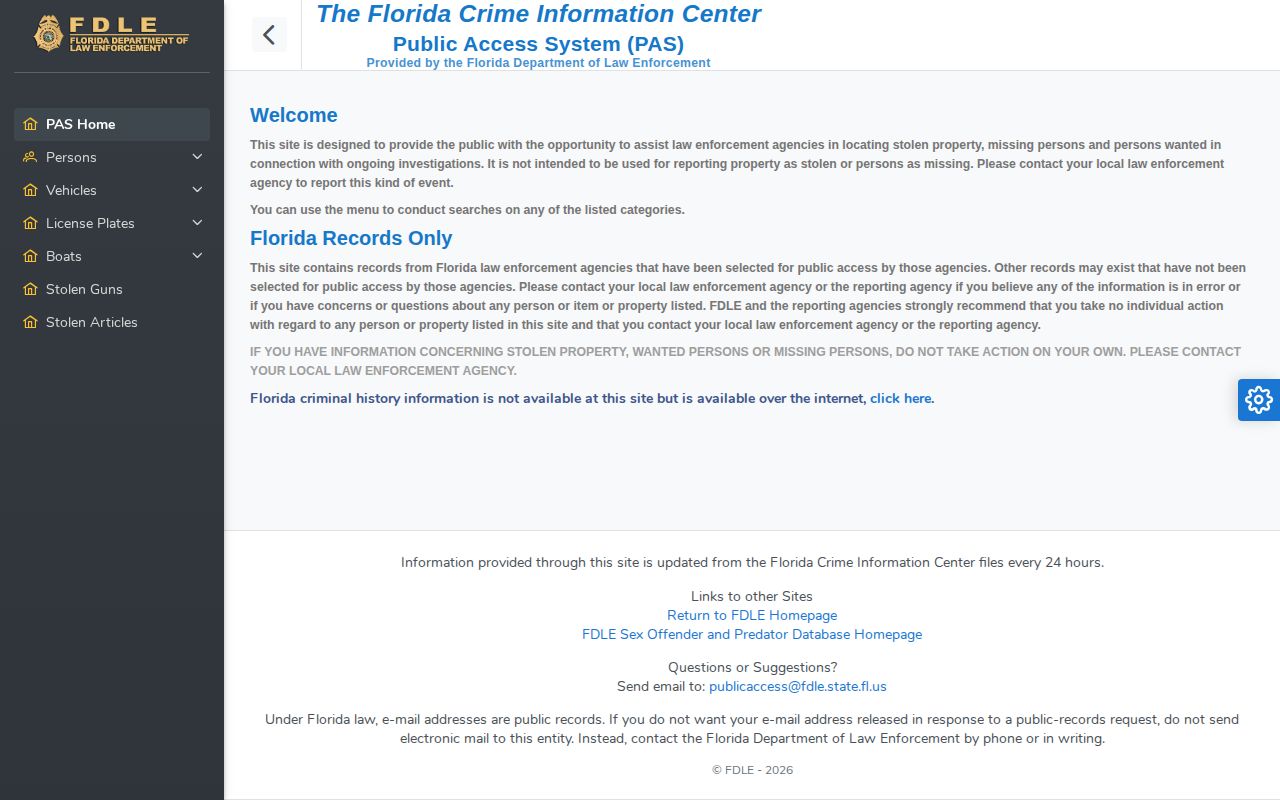 Florida Department of Law Enforcement statewide wanted person search form