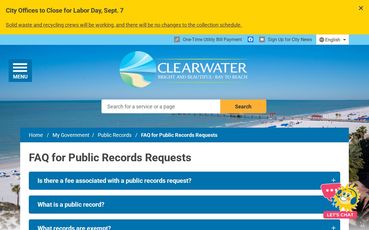 Clearwater public records FAQ explaining city-limits arrest activity requests