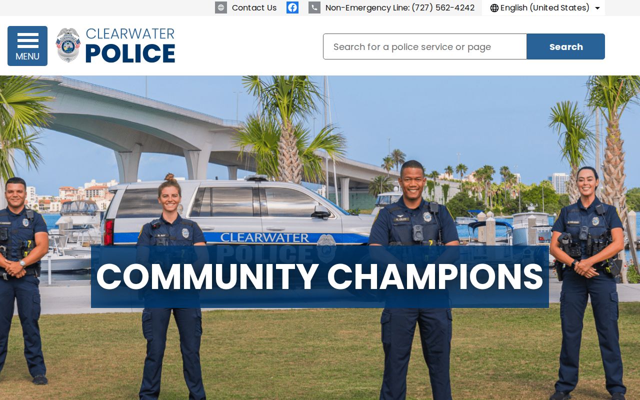 Clearwater Police official homepage with active calls and public records links