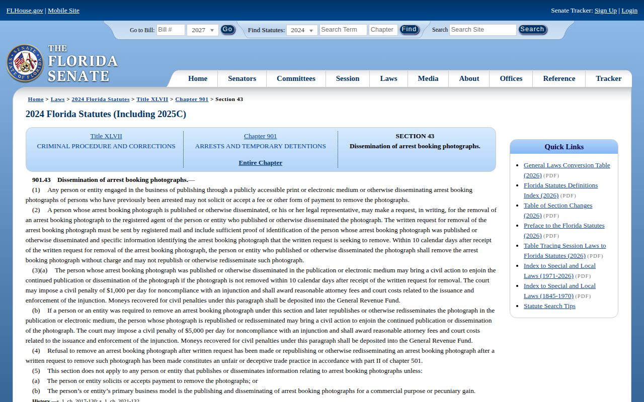 Florida Statutes section 901.43 booking photograph removal provisions